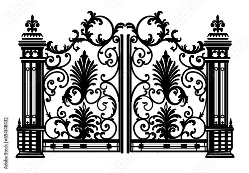 ANTIQUE METAL GATE. Black on white sketch of wrought iron bi-fold garden doors. Church gate with scrolls and leaves. photo