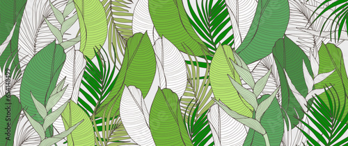 Green tropical background with tropical plants and leaves. Summer vector background for various designs, wallpapers, covers and cards.