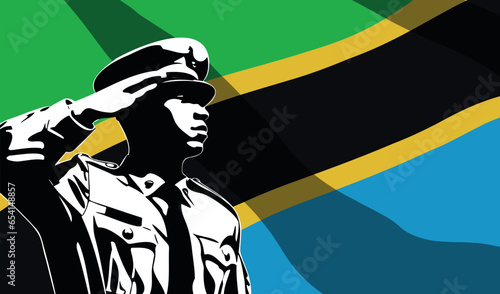 Silhouette of soldier with Tanzania flag on background.