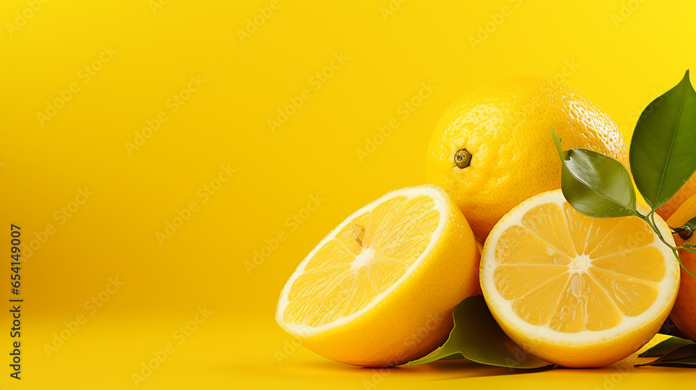 Lemons fruits. Juicy slice of lemon on yellow background, panoramic image. Made with generative ai Lemons fruits. Juicy slice of lemon on yellow background, panoramic image. Made with generative ai