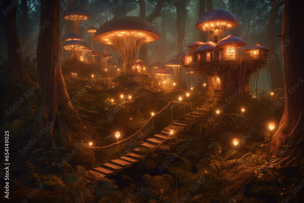Obraz premium In a mystical forest, colossal mushrooms with spiral staircases lead to treetop libraries, where owls and foxes exchange stories in the soft glow of firefly lanterns.