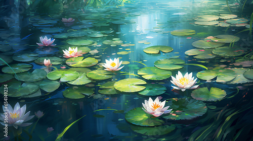 A pond with water lilies and leaves floating on it