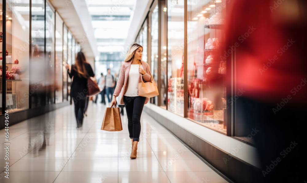 Busy Shopping Mall Ambiance: Blurred Shoppers and Bags