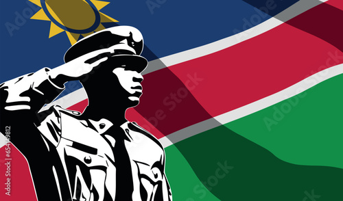 Silhouette of soldier with Namibia flag on background.
