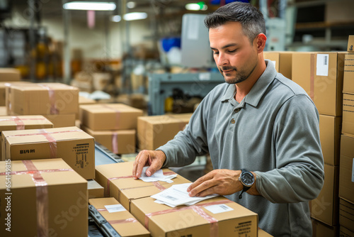 Concentrated man meticulously labeling a package for shipment. photo