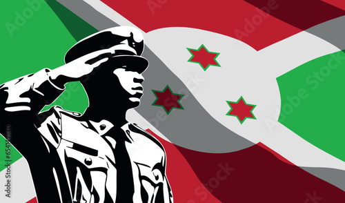 Silhouette of soldier with Burundi flag on background.