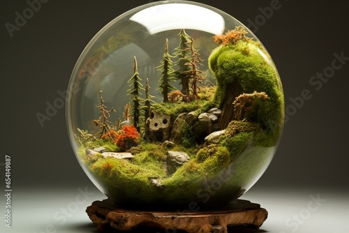Whimsical biosphere featuring moss and fungi on wooden stand. Generative AI photo