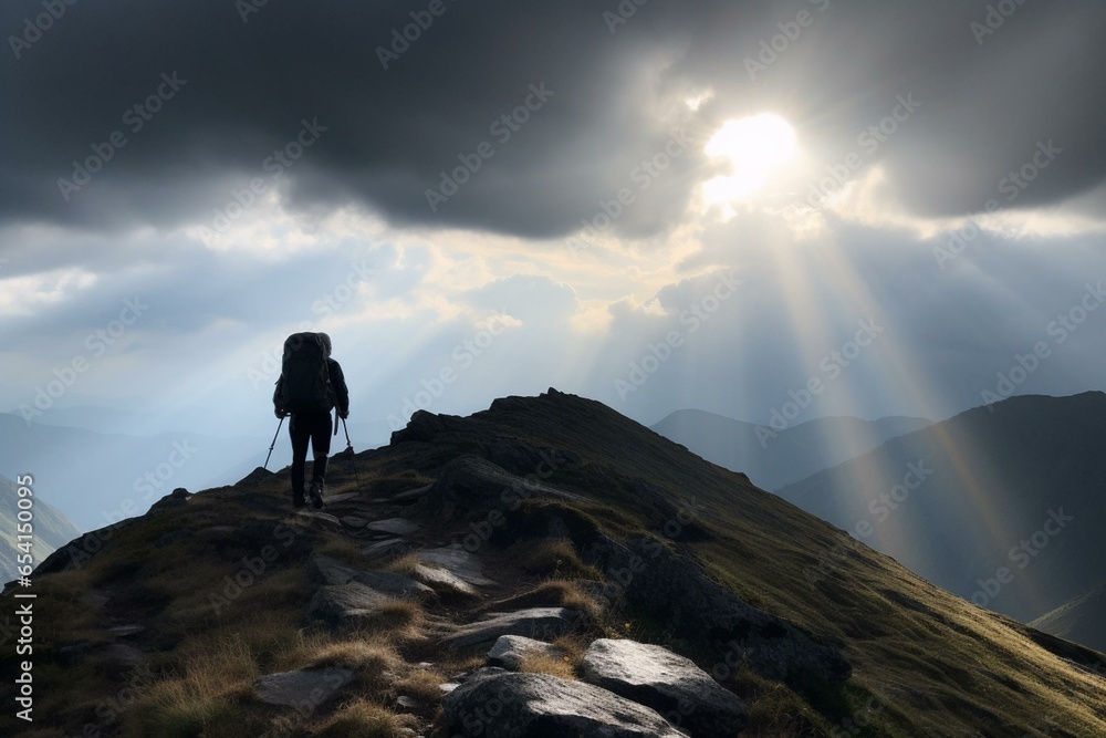 a mountain with a sun shining through the clouds and a person standing on a hill with a backpack, under a dark sky with climate changes. Generative AI