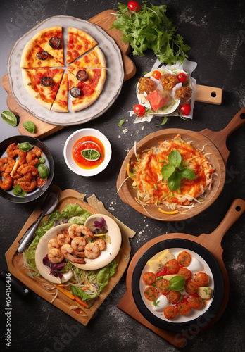 a group of plates that include pizza and salad alongside dishes which belong to a chef © siripimon2525