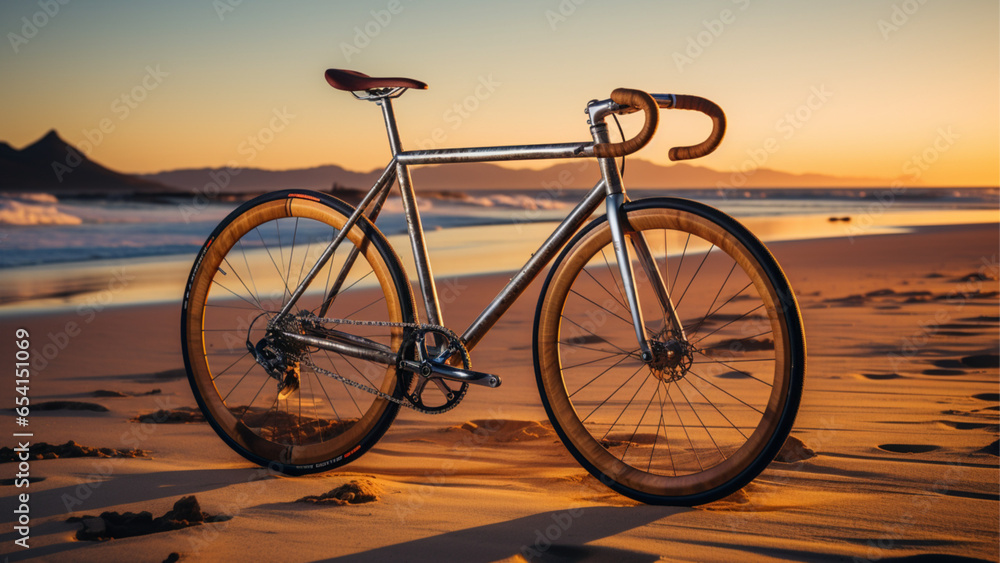 masterpiece photography of an exquisite hand made unexpected custom minimalist racing bicycle made from titanium, carbon fiber and leather, on the sand at sunset masterpiece photography of an exquisite hand made unexpected custom minimalist racing bicycle made from titanium, carbon fiber and leather, on the sand at sunset