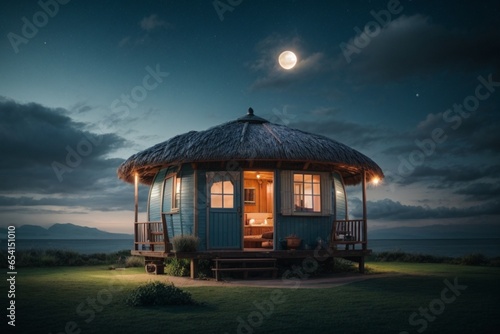 visually descriptive oasis, with a moon illuminating a charming hut, while wispy clouds dance in the night sky. photo