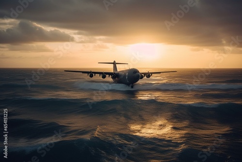 aircraft above ocean during beautiful dusk. Generative AI