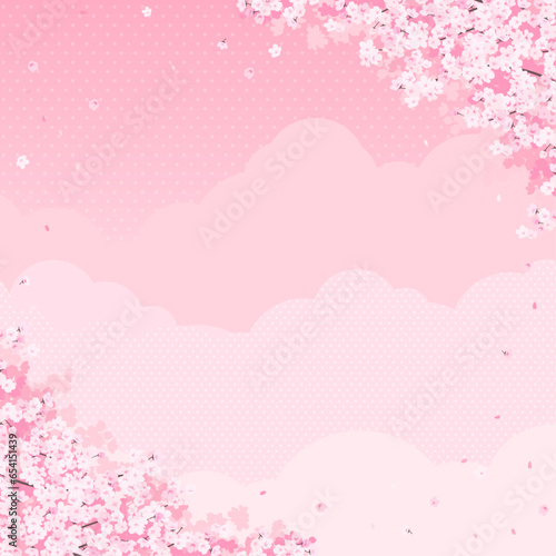 満開の桜とピンク色の雲・空　背景素材（正方形）