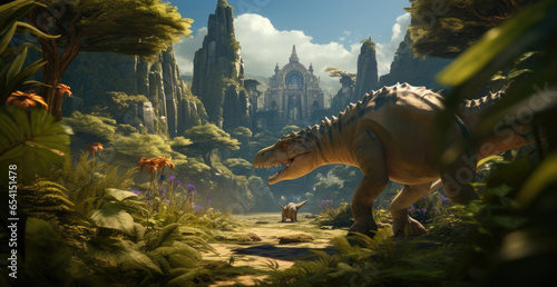 Ancient world with giant ferns and dinosaurs roaming around.