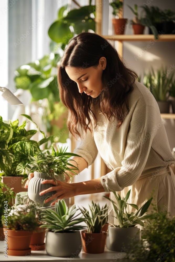 A Millennial tending to indoor plants. Generative AI A Millennial tending to indoor plants. Generative AI