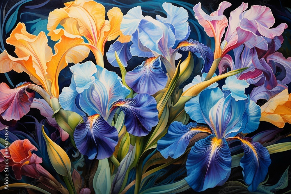 A garden painting showcasing iris flowers. Generative AI