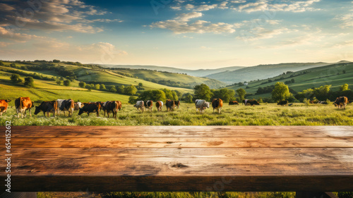 Wooden table top with grass field and cows in the background photo