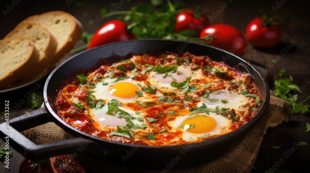 Tasty and healthy shakshuka in frying pan. Eggs poached in tomato pepper sauce