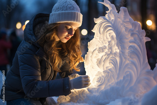 talented ice sculptors creating intricate sculptures at a winter festival or competition photo