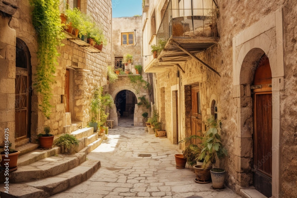 A tiny old town with narrow streets and traditional stone houses. Generative AI