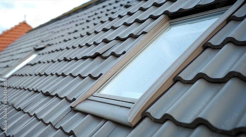 Attic window on house roof top covered with ceramic shingles, Skylight window on roof. - obrazy, fototapety, plakaty 