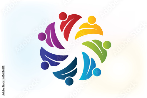 Logo teamwork seven people around in a leaf shape colorful icon image circle unity voluntary conceptual gardening farm concept logo vector image design