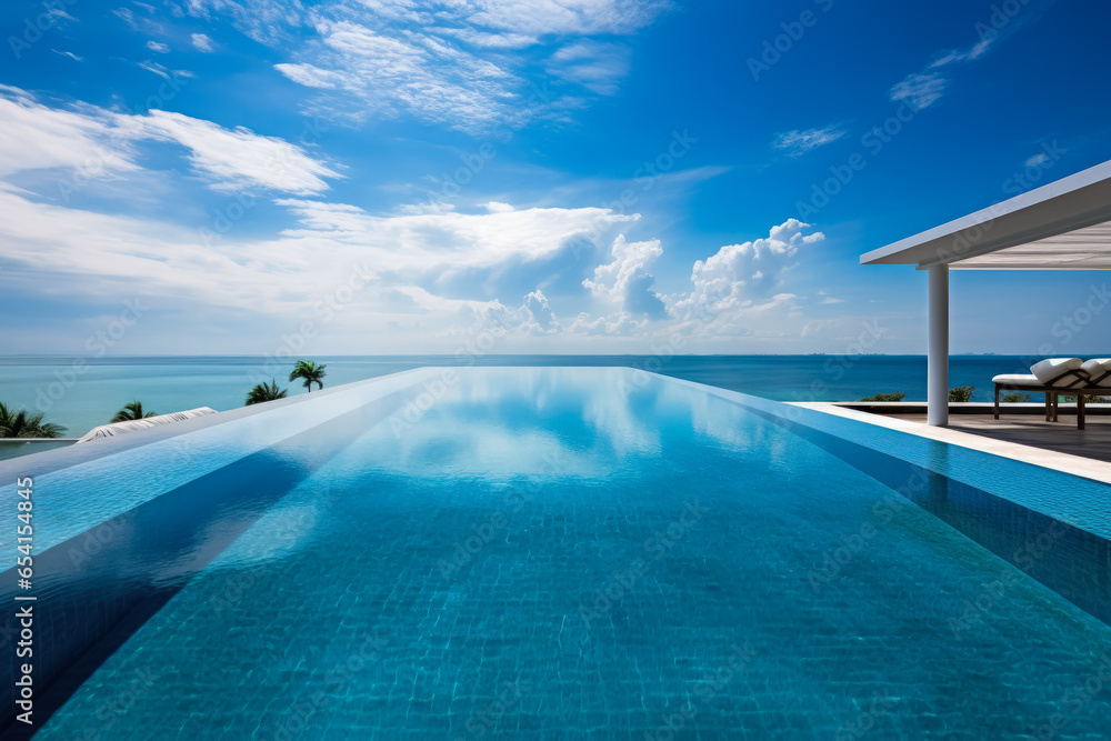 Fototapeta premium Luxurious infinity pool providing a serene view of a tranquil ocean 