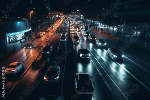 Busy urban road at night with cars. Generative AI