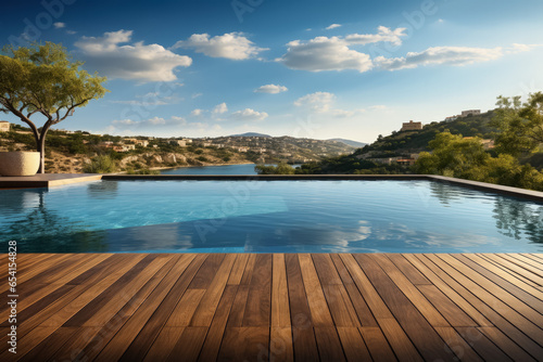 Infinity pool overlooking stunning landscape background with empty space for text 