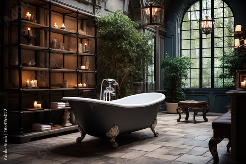 Opulent bathroom interior showcasing a plush freestanding bathtub 