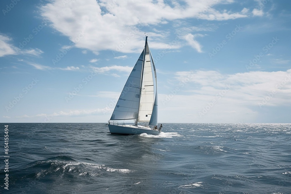 A sailboat elegantly sails on the undulating waves of a clear and untouched sea. Generative AI