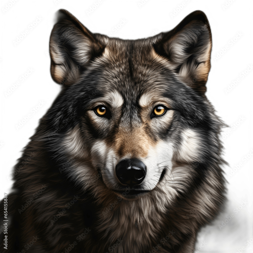 Fototapeta premium Gray wolf looking in front of camera on transparent background