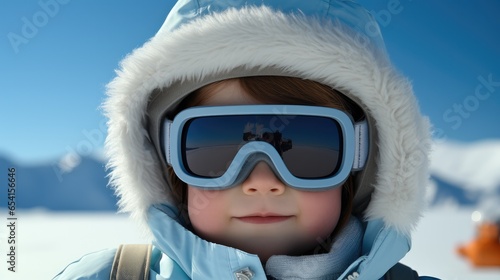 Cute baby wearing big ski glasses on mountain covered with snow.