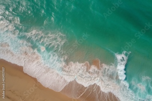 Turquoise coastal waves and sandy beach seen from above, capturing a picturesque summer seascape. Generative AI
