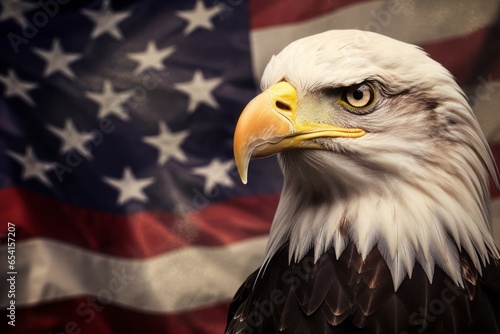 A close-up of an eagle. The flag of the United States of America in the background.