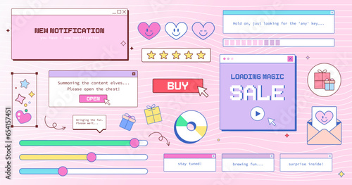 Set of Old Computer Y2K Window, Notification, Dialogue Box, Heart, CD, Button, Cursor, Rating, Loading and Volume bars. Interface in Groovy Vaporwave 90s Aesthetics. Vector Cute Retro illustrations.