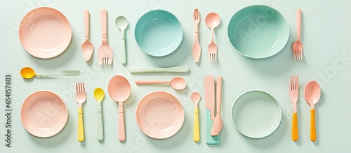 Neatly arranged colorful childrens kitchenware on an isolated pastel background Copy space utensils top view