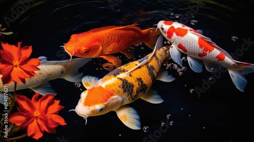 Close-up of 3 koi fish in a pond with natural light.