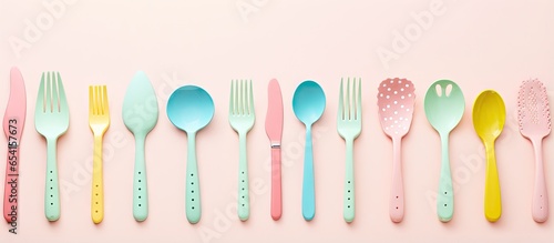 Neatly arranged colorful childrens kitchenware on an isolated pastel background Copy space utensils top view