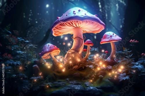 Nighttime fantasy mushroom in a forest, illustrated in 3D. Fairy mushroom in a magical forest. Generative AI