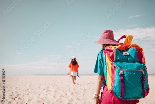 two travel girl walking on the beach wearing hat and backpack