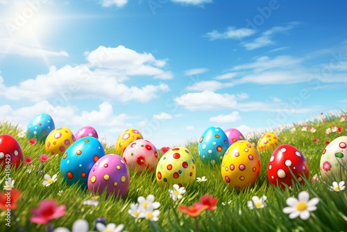 Colorful Easter eggs on a lush lawn under a sunny sky. Generative AI