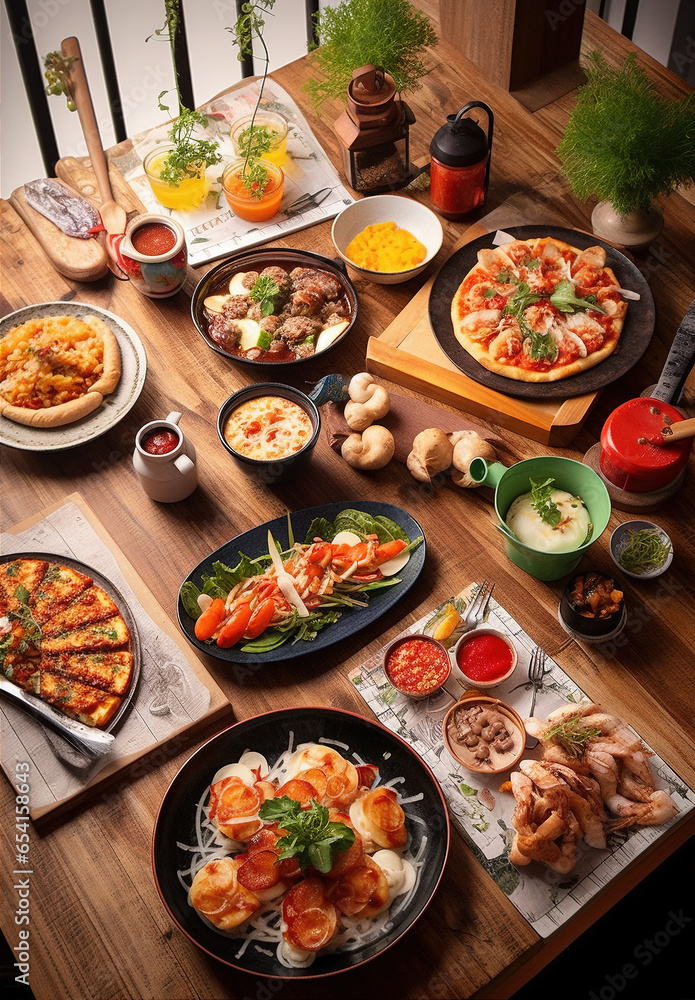 a group of plates that include pizza and salad alongside dishes which belong to a chef a group of plates that include pizza and salad alongside dishes which belong to a chef