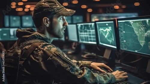 Military Surveillance Officer is working in a central office hub, Tracking operation focused on cyber control and monitoring. photo
