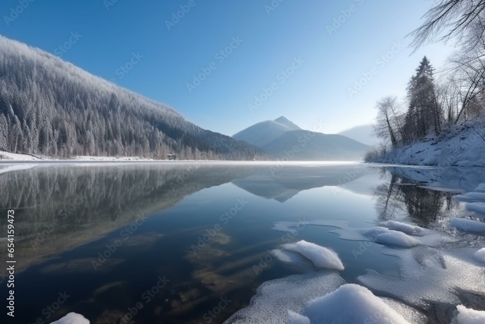 Winter mountain lake landscape with panoramic view. Generative AI