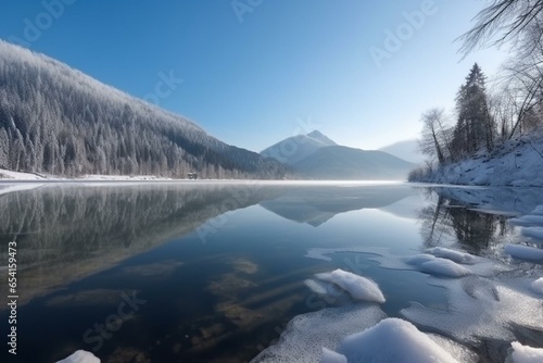 Winter mountain lake landscape with panoramic view. Generative AI © David