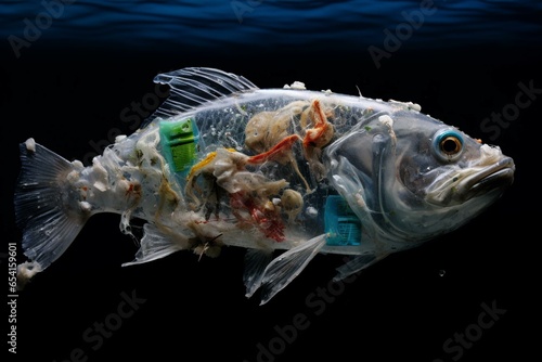 Herrings amidst plastic waste and microplastics in the sea. Generative AI
