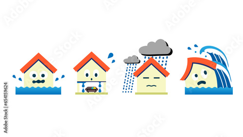 浸水・水濡れ・豪雨・津波などの水害災害にあう家のベクターアイコンセット