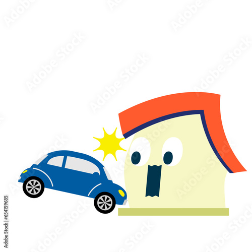 車の衝突事故被害にあう家（表情つき）のベクターイラスト