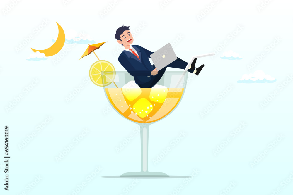 Businessman relax working remotely with computer laptop in cocktail glass at night, work anywhere anytime, hybrid work or flexible hour for employee choice to choose where and when to work (Vector) - obrazy, fototapety, plakaty 